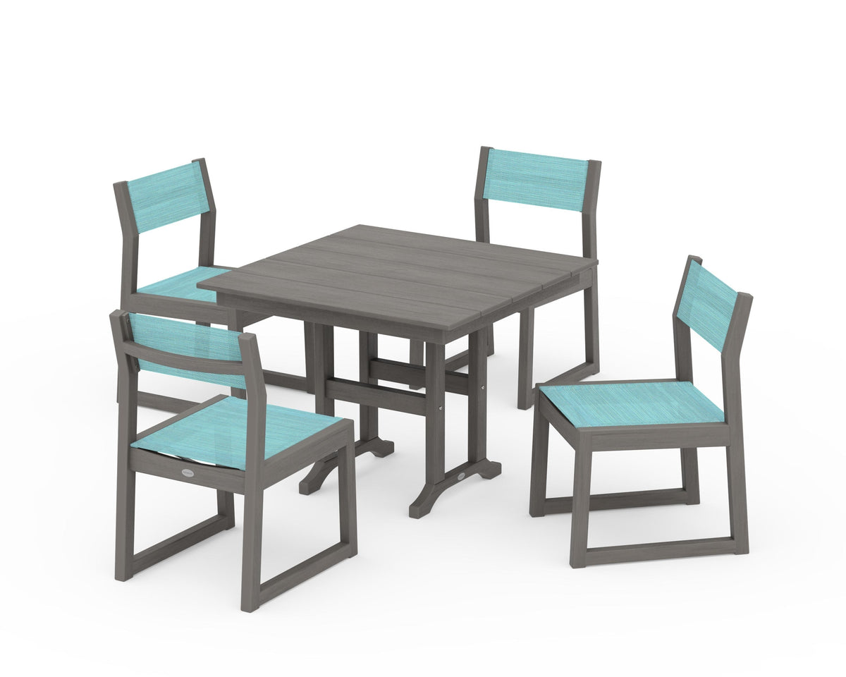 POLYWOOD EDGE Sling Side Chair 5-Piece Farmhouse Dining Set in Driftwood / Dupioni Aquamarine