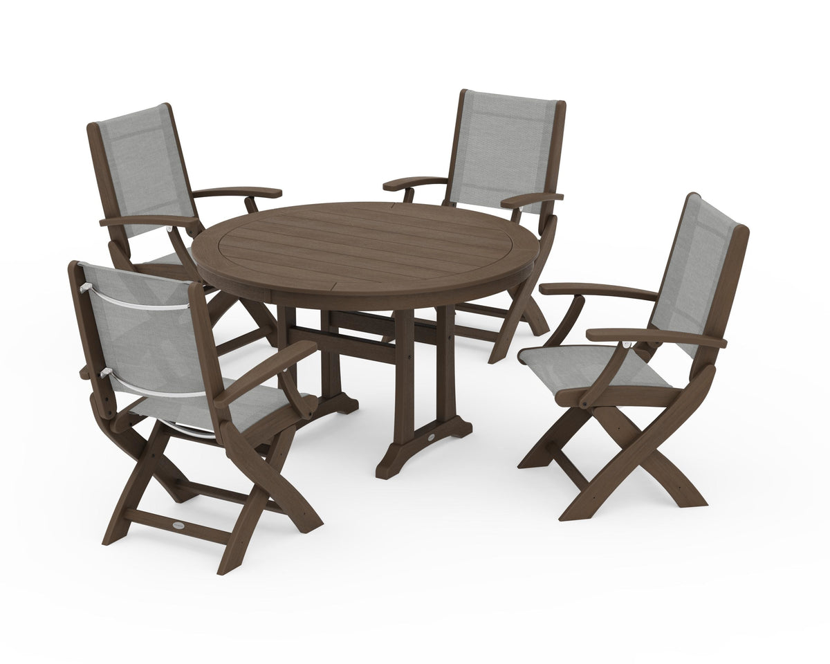 POLYWOOD Coastal Folding Chair 5-Piece Round Dining Set with Trestle Legs in Kona / Metallic