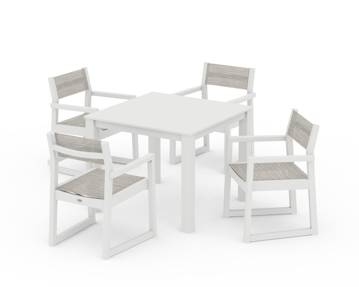 POLYWOOD EDGE Sling Arm Chair 5-Piece Parsons Dining Set in Vintage White / Birch