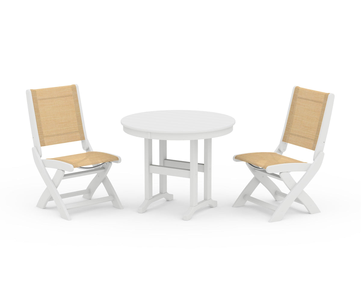 POLYWOOD Coastal Folding Side Chair 3-Piece Round Dining Set in White / Dupioni Apricot