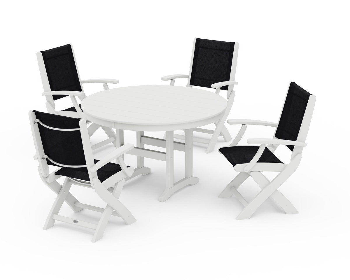 POLYWOOD Coastal Folding Chair 5-Piece Round Dining Set in Vintage White / Black