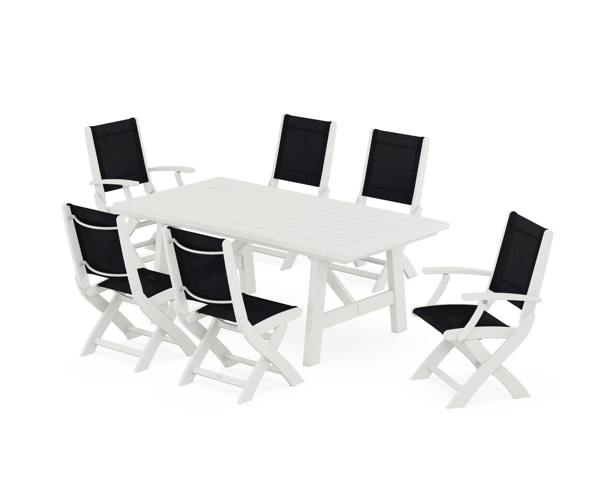 POLYWOOD Coastal Folding Chair 7-Piece Rustic Farmhouse Dining Set in Vintage White / Black