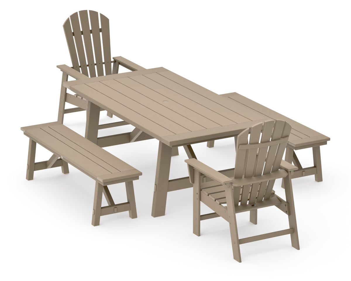 POLYWOOD South Beach 5-Piece Rustic Farmhouse Dining Set with Benches in Vintage Sahara