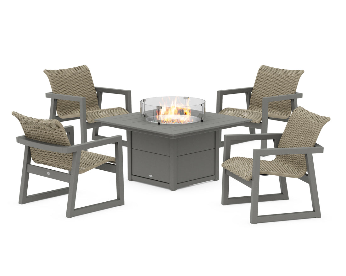 POLYWOOD EDGE Woven 5-Piece Lounge Chair Seating Set with Fire Pit Table in Slate Grey / Dune Grass