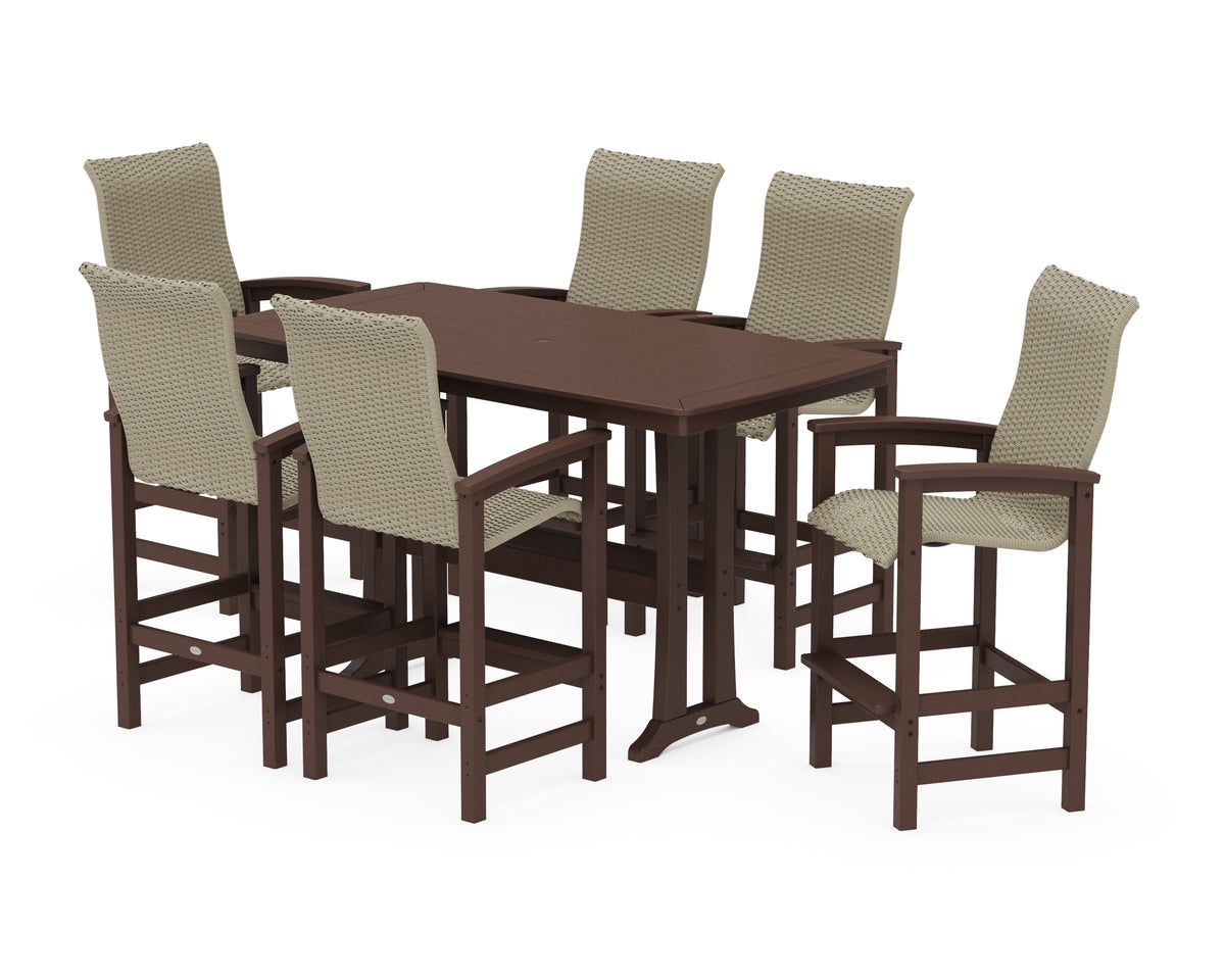 POLYWOOD Coastal Woven High-Back Arm Chair 7-Piece Bar Set with Trestle Legs in Mahogany / Dune Grass