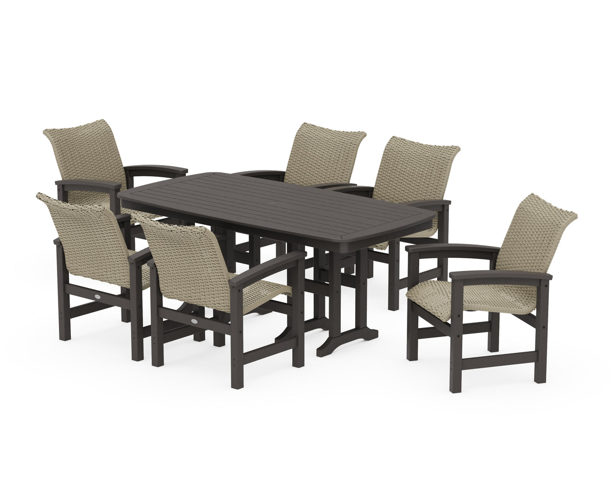 POLYWOOD Coastal Woven Arm Chair 7-Piece Dining Set in Vintage Coffee / Dune Grass