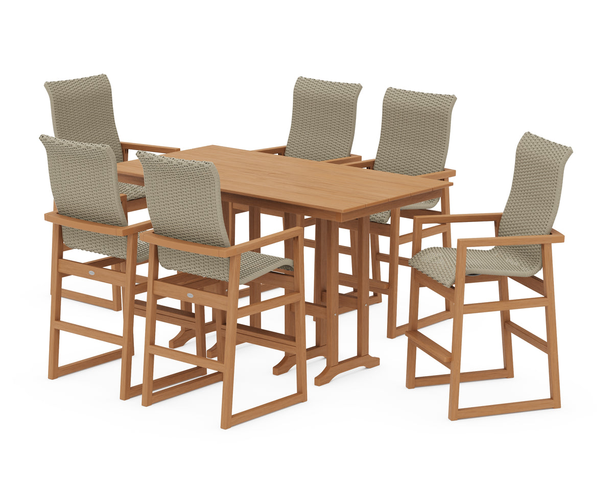 POLYWOOD EDGE Woven Highback Arm Chair 7-Piece Farmhouse Bar Set in Natural / Dune Grass