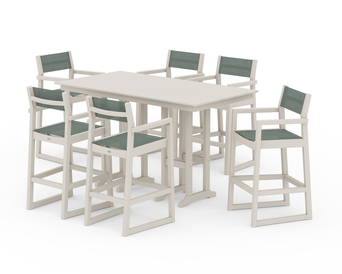 POLYWOOD EDGE Sling Arm Chair 7-Piece Farmhouse Bar Set in Sand / Dupioni Sea Mist