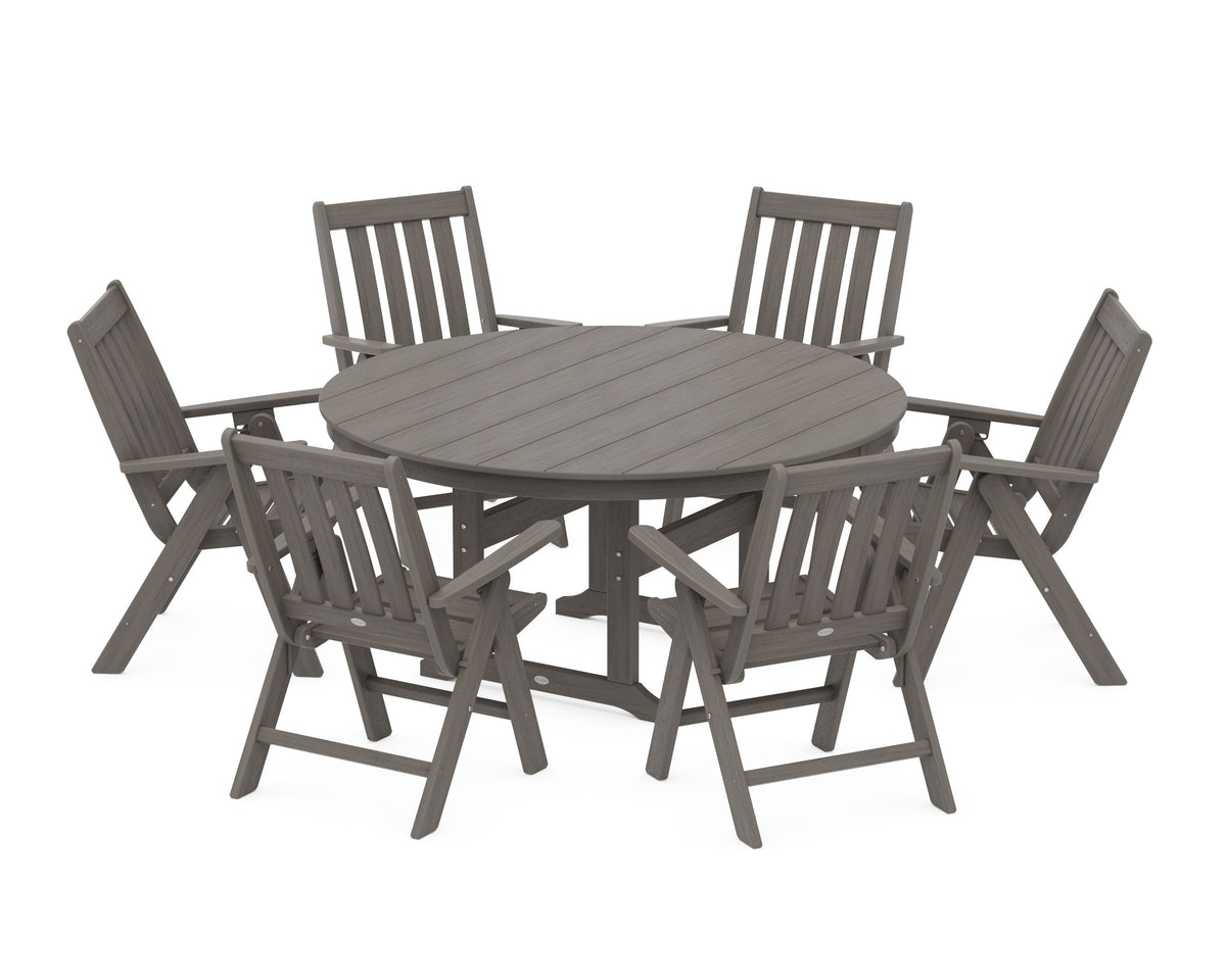 POLYWOOD Vineyard 7-Piece Folding Chair Round Farmhouse Dining Set in Driftwood