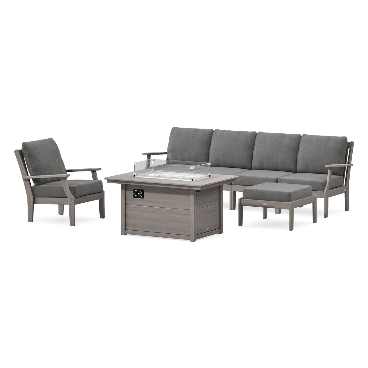 POLYWOOD Braxton Sectional Lounge and Fire Pit Set in Driftwood