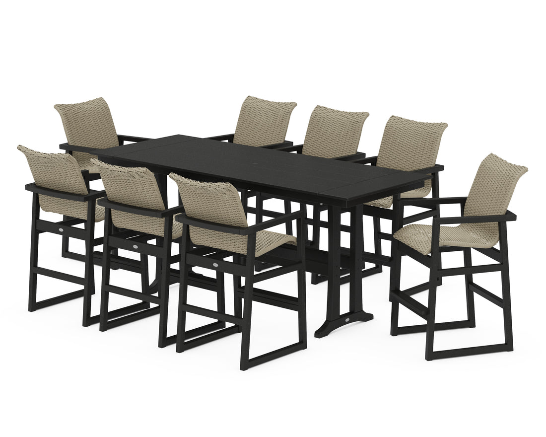 POLYWOOD EDGE Woven 9-Piece Farmhouse Bar Set with Trestle Legs in Black / Dune Grass