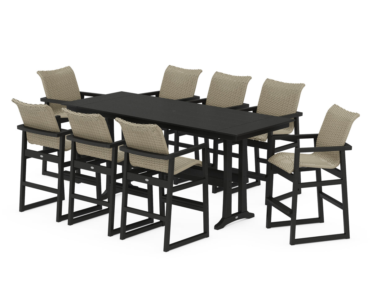 POLYWOOD EDGE Woven 9-Piece Farmhouse Bar Set with Trestle Legs in Black / Dune Grass