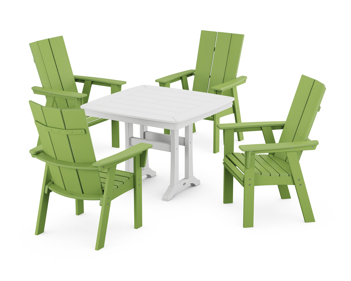 POLYWOOD Modern Adirondack 5-Piece Dining Set with Trestle Legs with Modern Curveback Adirondack Dining Chair in Lime / White
