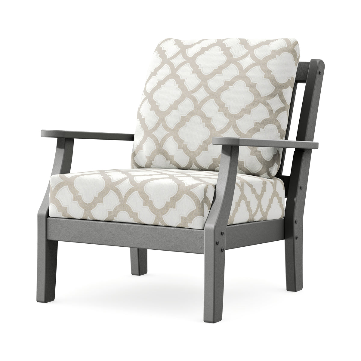 POLYWOOD Chinoiserie Deep Seating Chair in Slate Grey / Trellis Dune Burlap