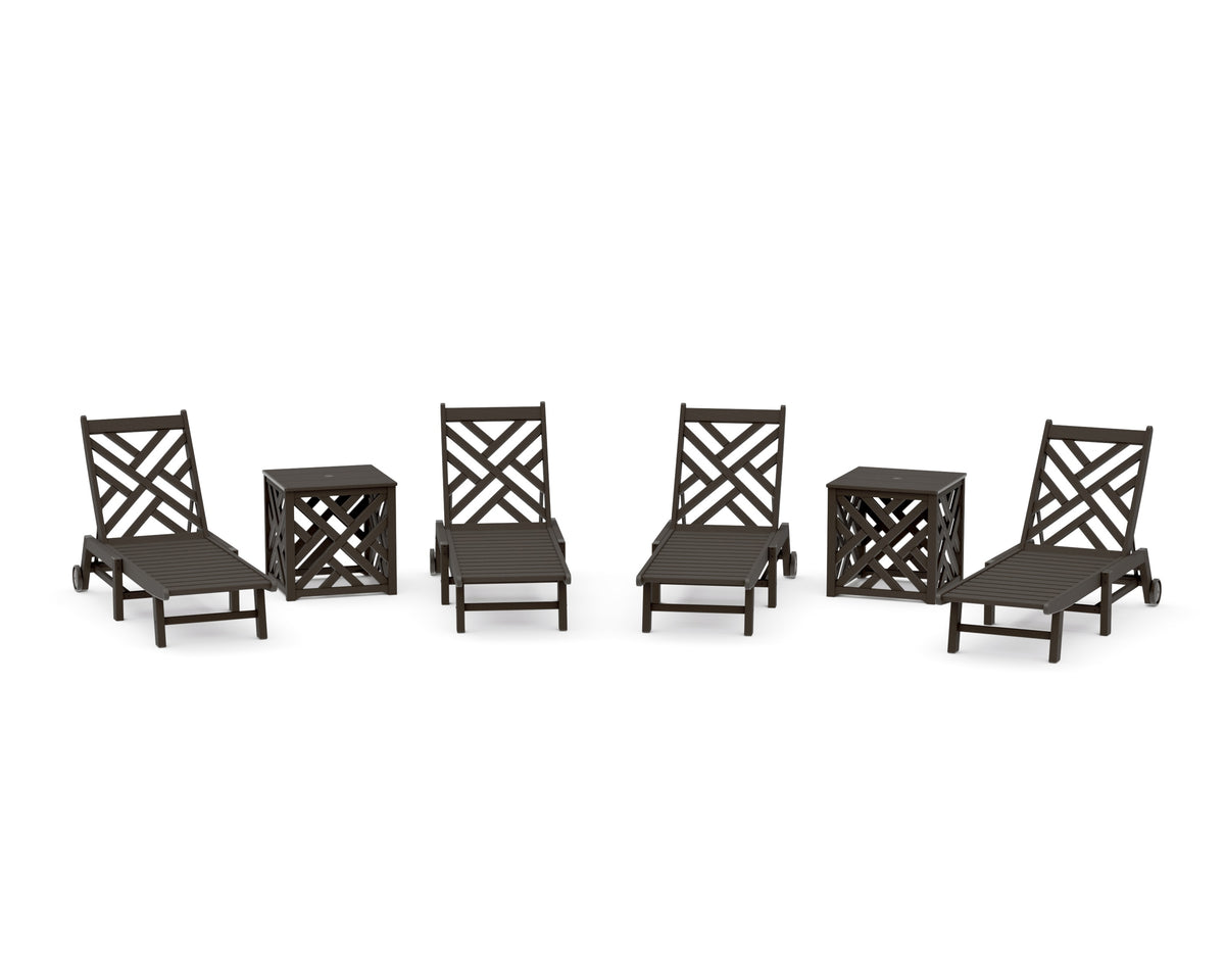 POLYWOOD Chippendale 6-Piece Chaise Set with Wheels and Umbrella Stand Accent Table in Vintage Coffee