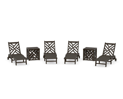 POLYWOOD Chippendale 6-Piece Chaise Set with Wheels and Umbrella Stand Accent Table in Vintage Coffee
