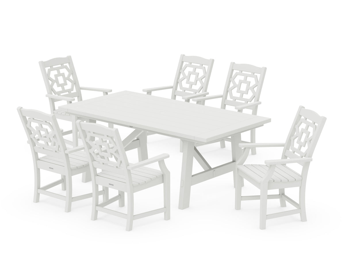 POLYWOOD Chinoiserie Arm Chair 7-Piece Rustic Farmhouse Dining Set in Vintage White