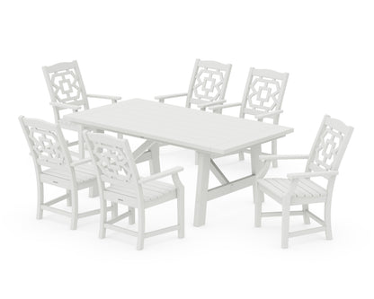 POLYWOOD Chinoiserie Arm Chair 7-Piece Rustic Farmhouse Dining Set in Vintage White