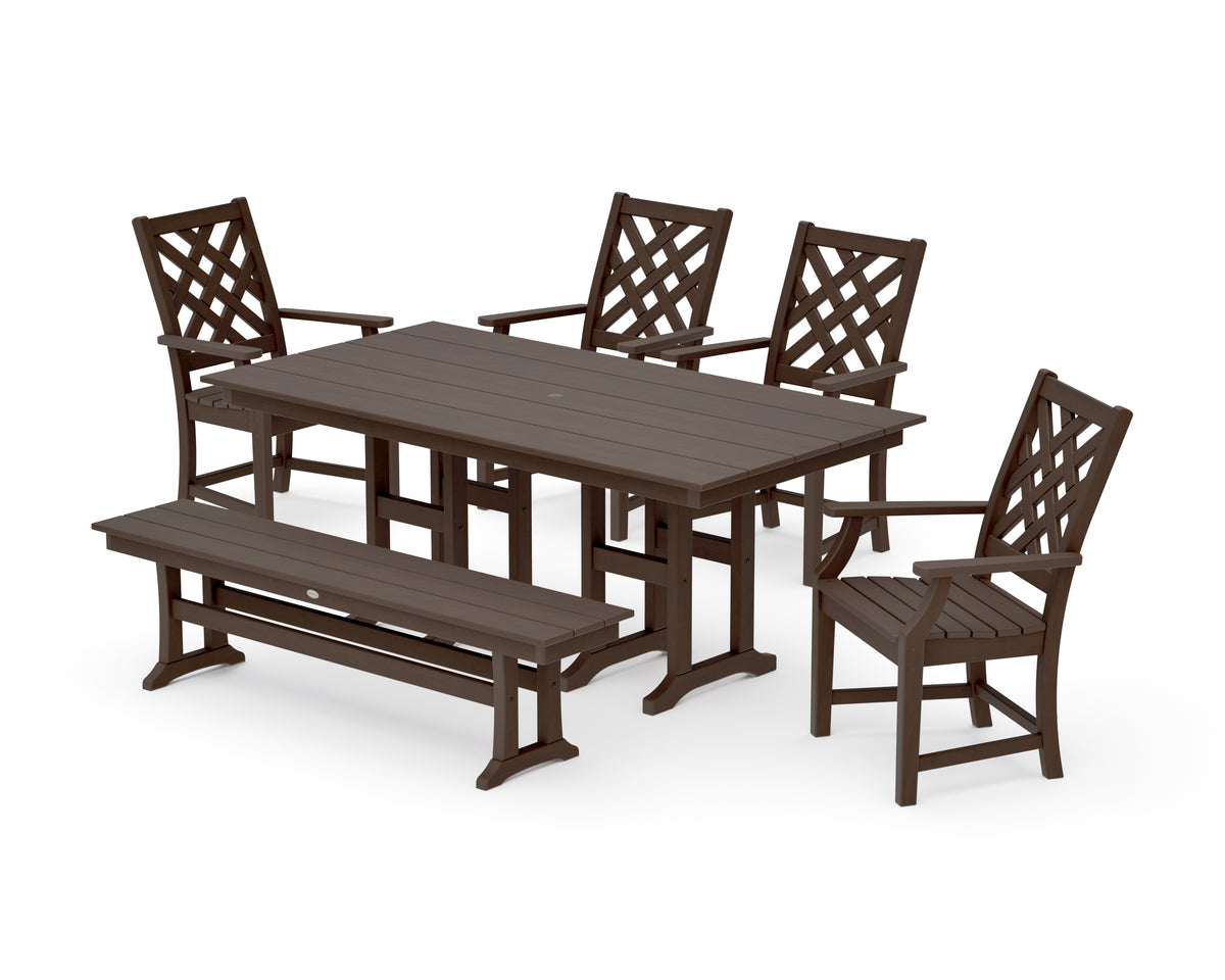 POLYWOOD Country Living Wovendale 6-Piece Farmhouse Dining Set with Bench with Farmhouse 37" x 72" Dining Table in Kona
