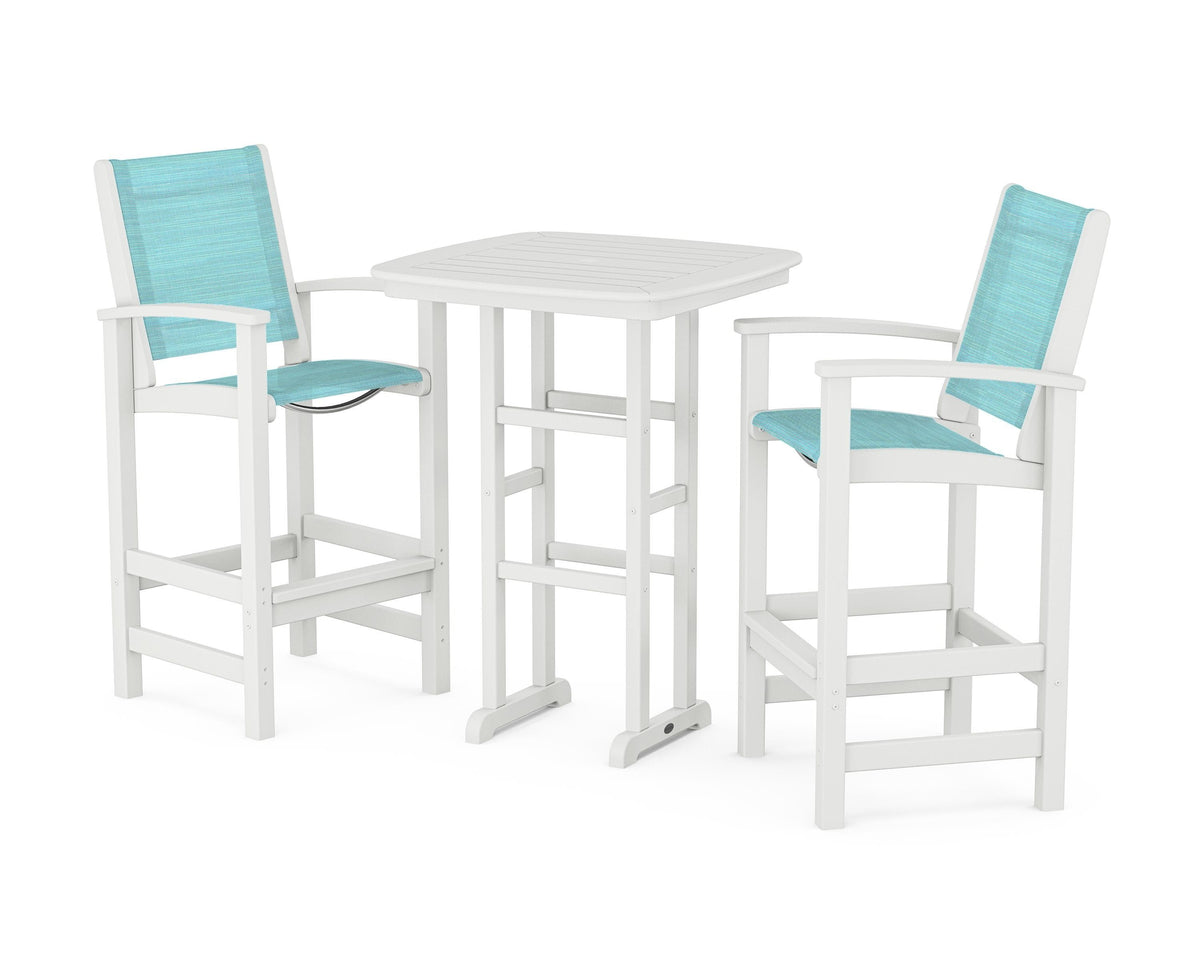 POLYWOOD Coastal 3-Piece Bar Set in White / Dupioni Aquamarine