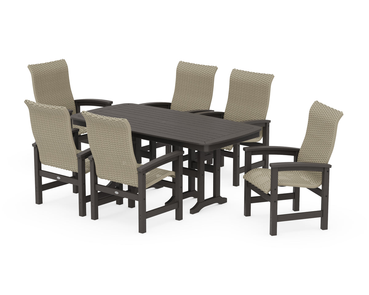 POLYWOOD Coastal Woven High-Back Arm Chair 7-Piece Dining Set in Vintage Coffee / Dune Grass