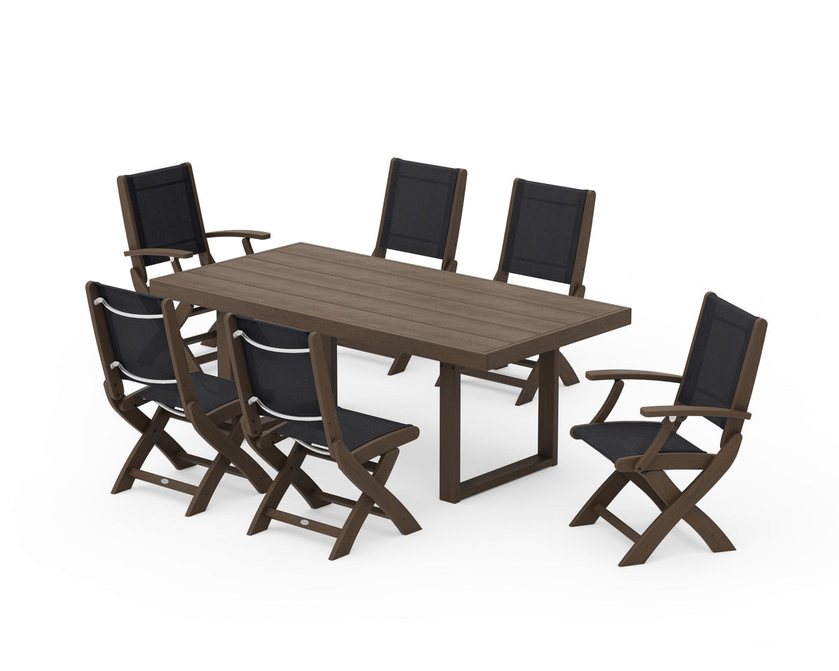 POLYWOOD Coastal Folding Chair 7-Piece Dining Set with Trestle Legs with EDGE 40" x 78" Dining Table in Kona / Black