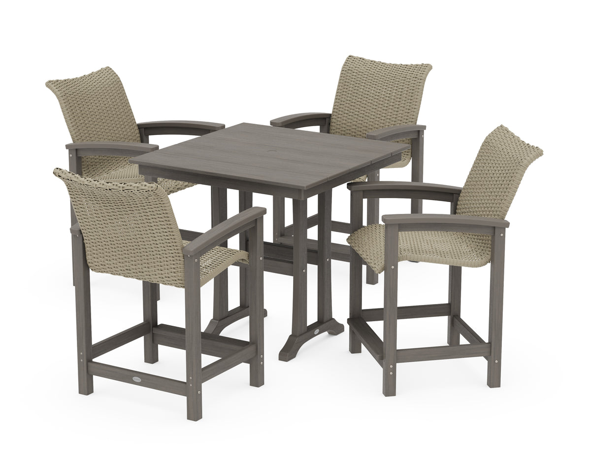 POLYWOOD Coastal Woven 5-Piece Farmhouse Counter Set with Trestle Legs in Driftwood / Dune Grass