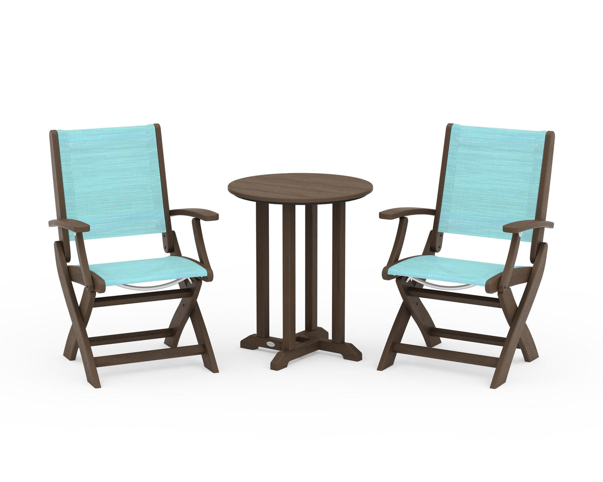 POLYWOOD Coastal Folding 3-Piece Round Bistro Dining Set in Kona / Dupioni Aquamarine