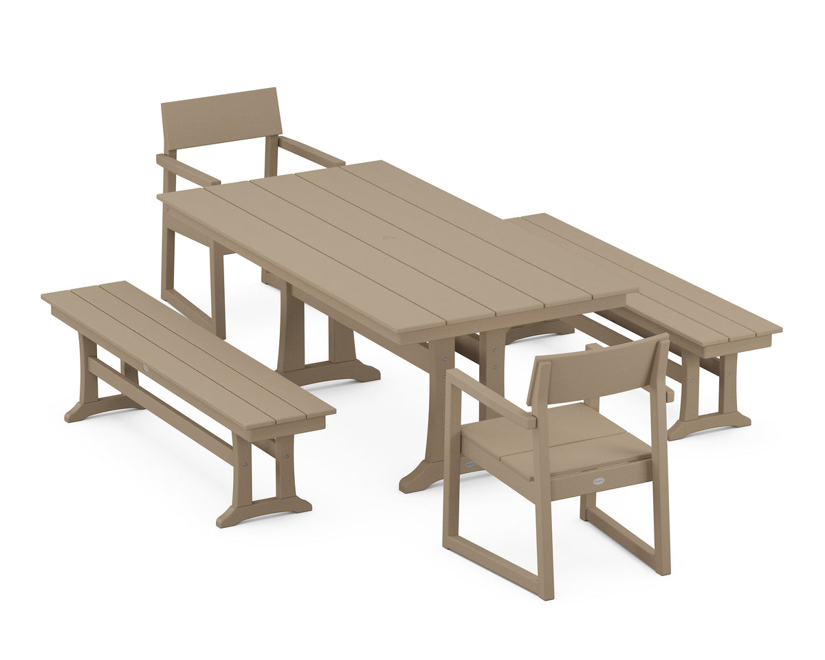 POLYWOOD EDGE 5-Piece Farmhouse Dining Set with Trestle Legs (Farmhouse Trestle 37" x 72" Table) in Vintage Sahara