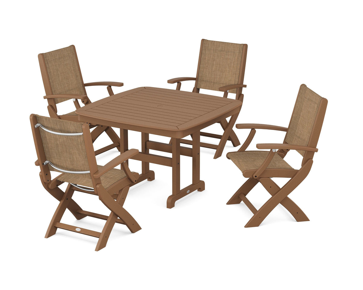 POLYWOOD Coastal Folding Chair 5-Piece Dining Set with Nautical 44" Dining Table in Teak / Burlap