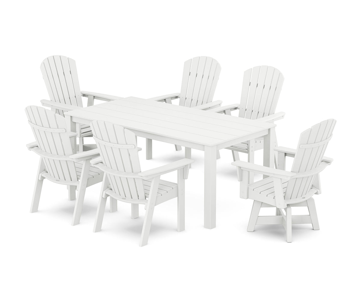 POLYWOOD Nautical Curveback Adirondack Swivel 7-Piece Parsons Dining Set in White