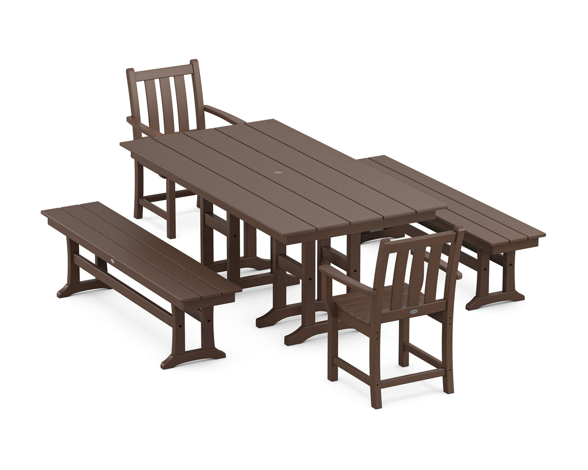 POLYWOOD Traditional Garden 5-Piece Farmhouse Dining Set with Benches in Mahogany