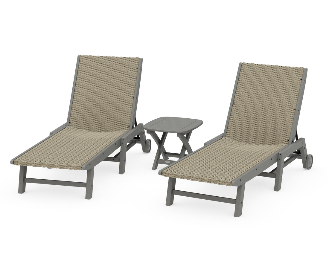 POLYWOOD 3-Piece Coastal Woven Chaise with Wheels Lounge Set in Slate Grey / Dune Grass