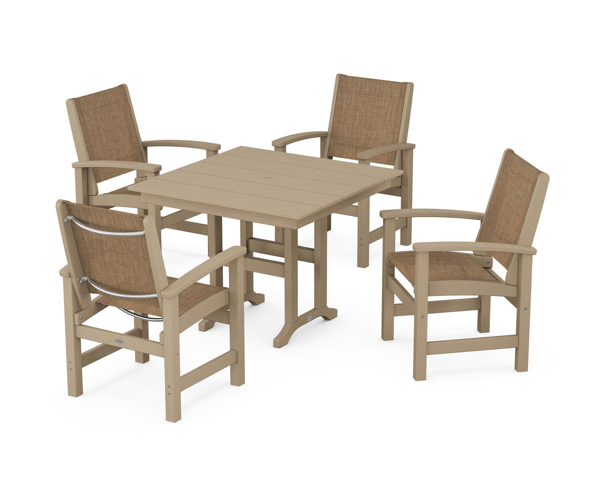 POLYWOOD Coastal 5-Piece Farmhouse Dining Set with Farmhouse 37" Dining Table in Vintage Sahara / Burlap