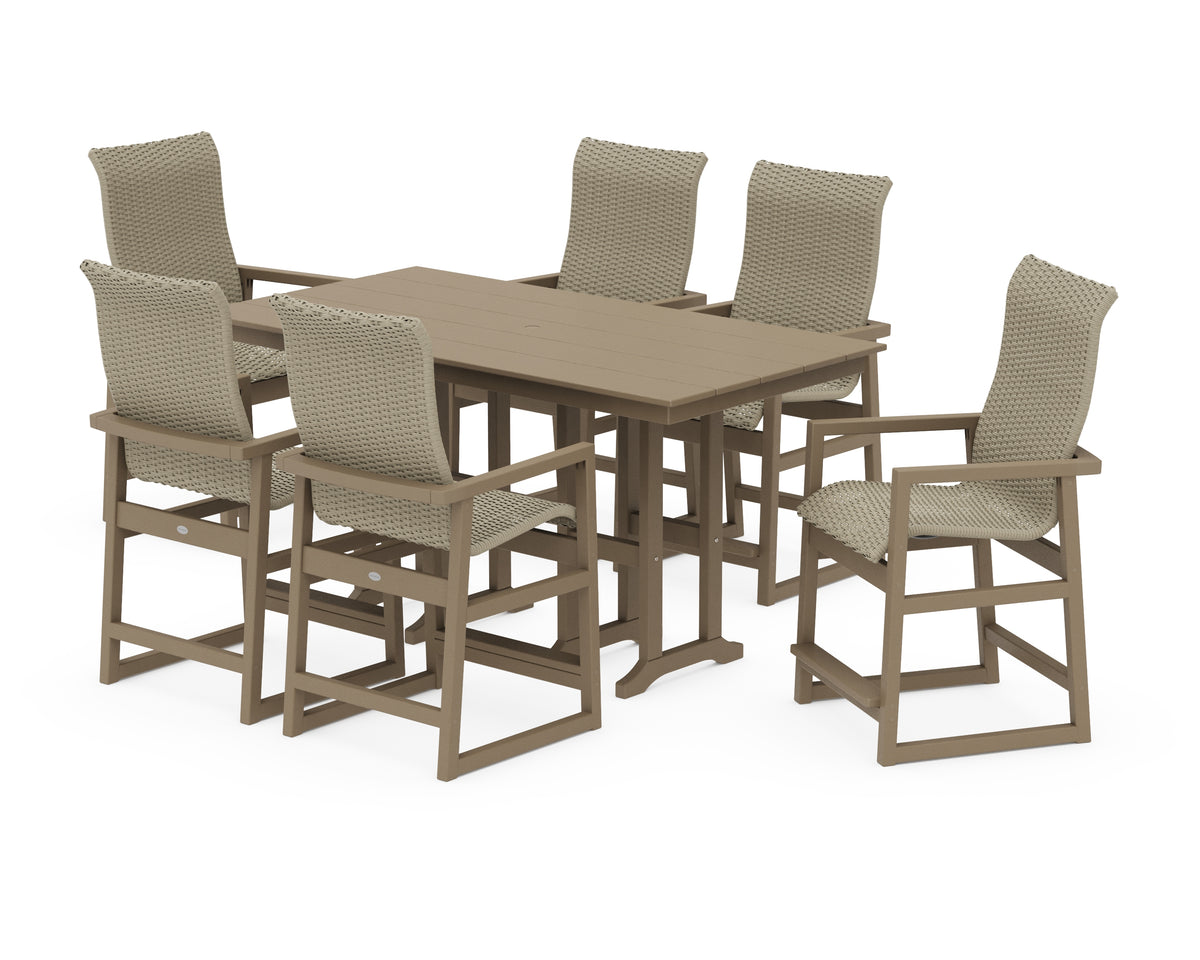 POLYWOOD EDGE Woven Highback Arm Chair 7-Piece Farmhouse Counter Set in Vintage Sahara / Dune Grass