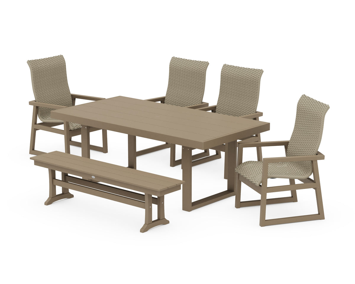 POLYWOOD EDGE Woven High-Back 6-Piece Dining Set with Bench in Vintage Sahara / Dune Grass