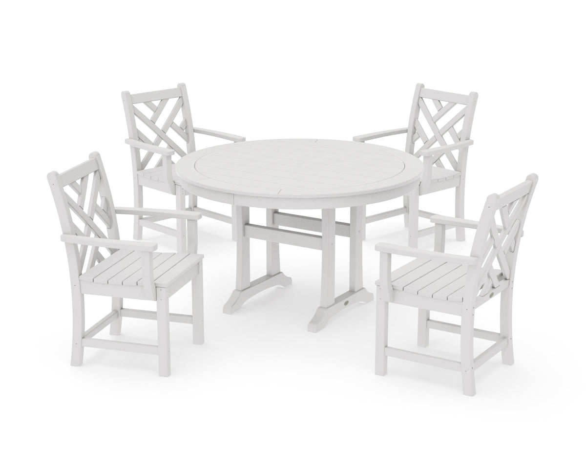 POLYWOOD Chippendale 5-Piece Nautical Trestle Dining Arm Chair Set in Vintage White