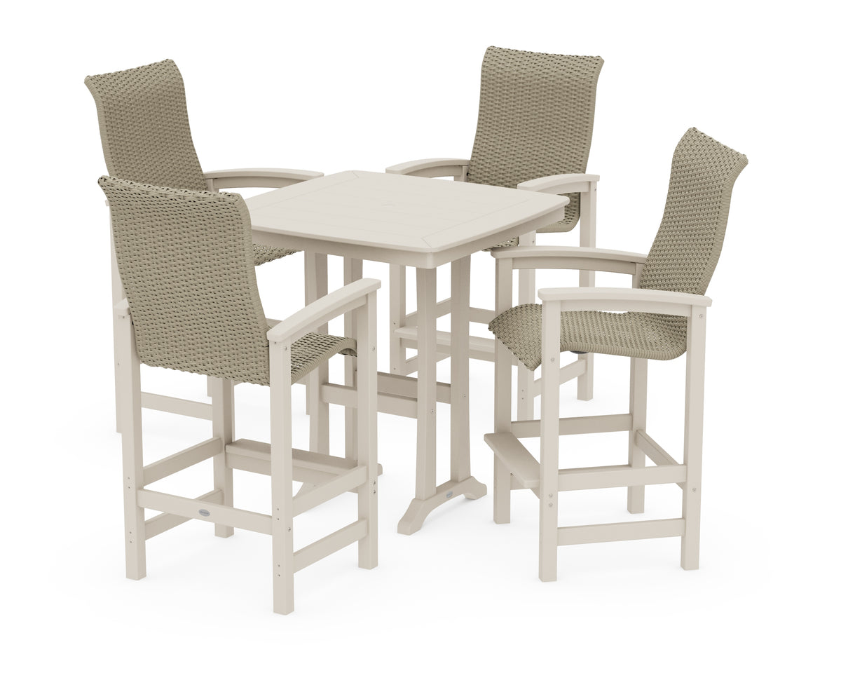 POLYWOOD Coastal Woven High-Back 5-Piece Bar Set with Trestle Legs in Sand / Dune Grass