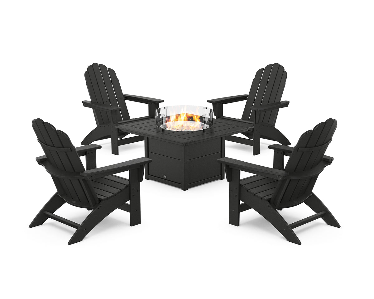 POLYWOOD 5-Piece Vineyard Grand Adirondack Conversation Set with Fire Pit Table in Black