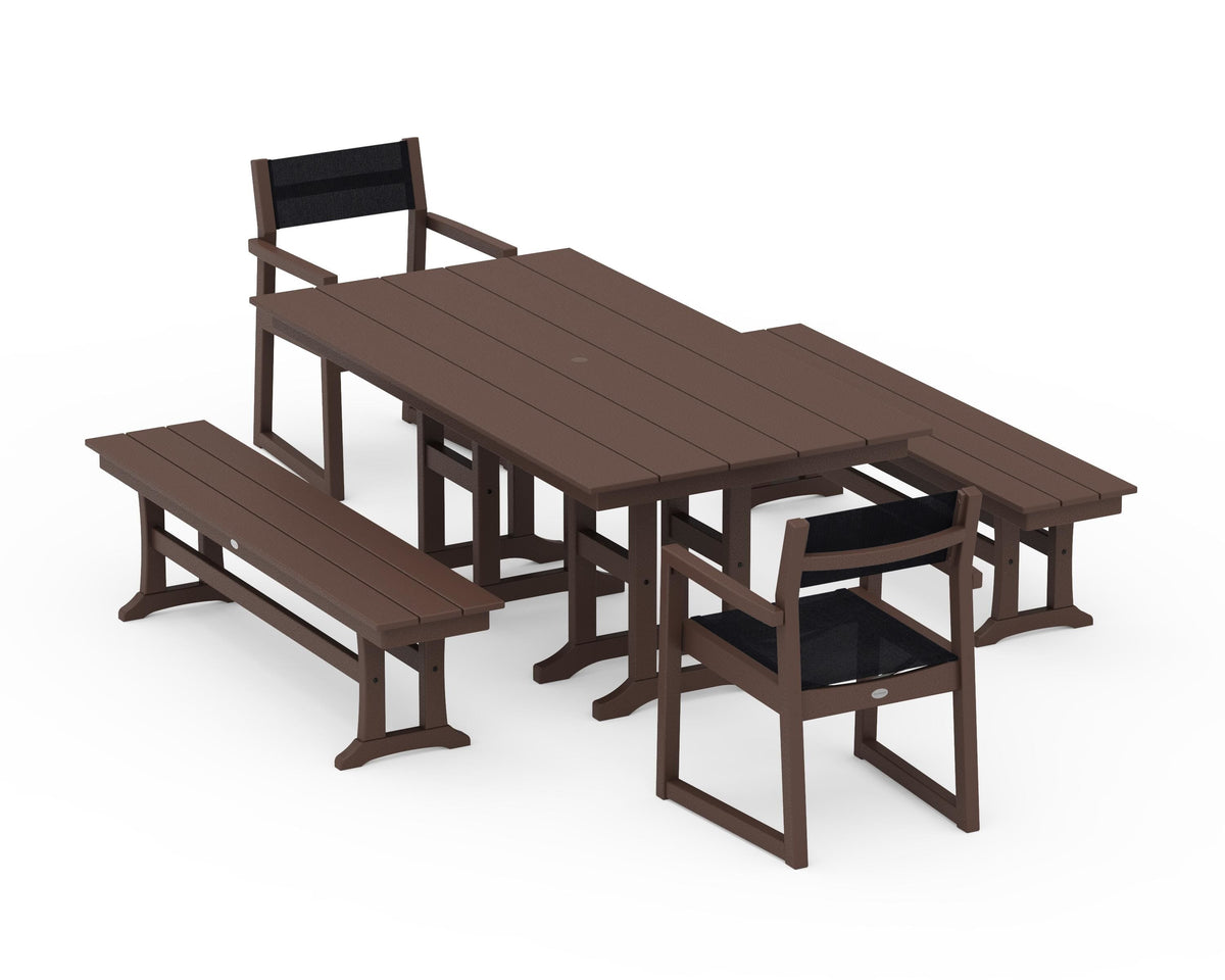 POLYWOOD EDGE Sling Arm Chair 5-Piece Farmhouse Dining Set with Benches in Mahogany / Black