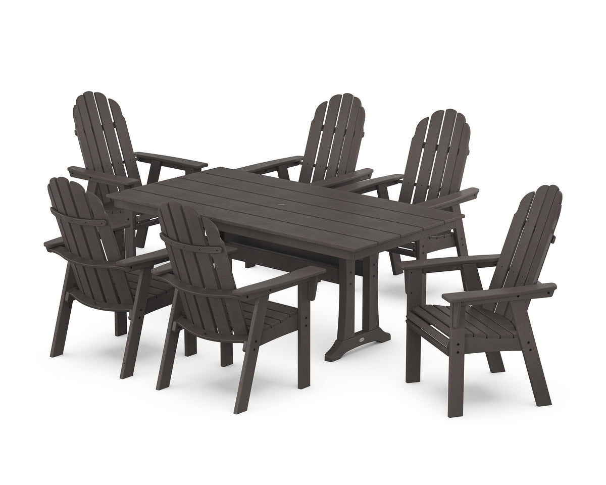 POLYWOOD Vineyard Curveback Adirondack Chair 7-Piece Farmhouse Dining Set with Trestle Legs in Vintage Coffee