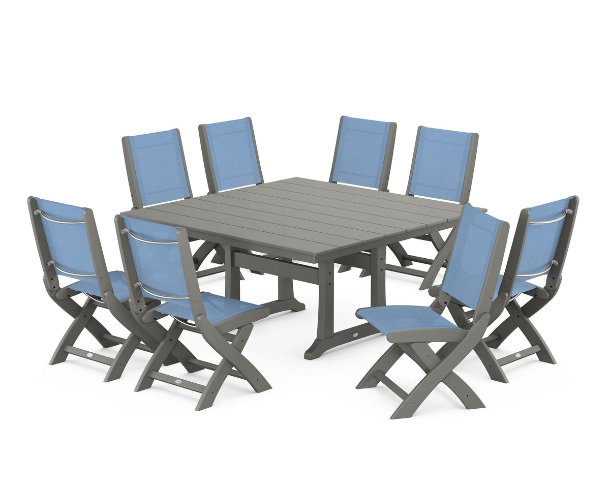POLYWOOD Coastal Folding Side Chair 9-Piece Farmhouse Dining Set in Slate Grey / Poolside