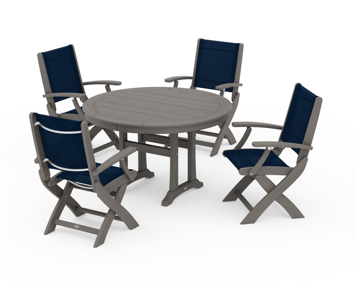 POLYWOOD Coastal Folding Chair 5-Piece Round Dining Set with Trestle Legs in Driftwood / Navy Blue