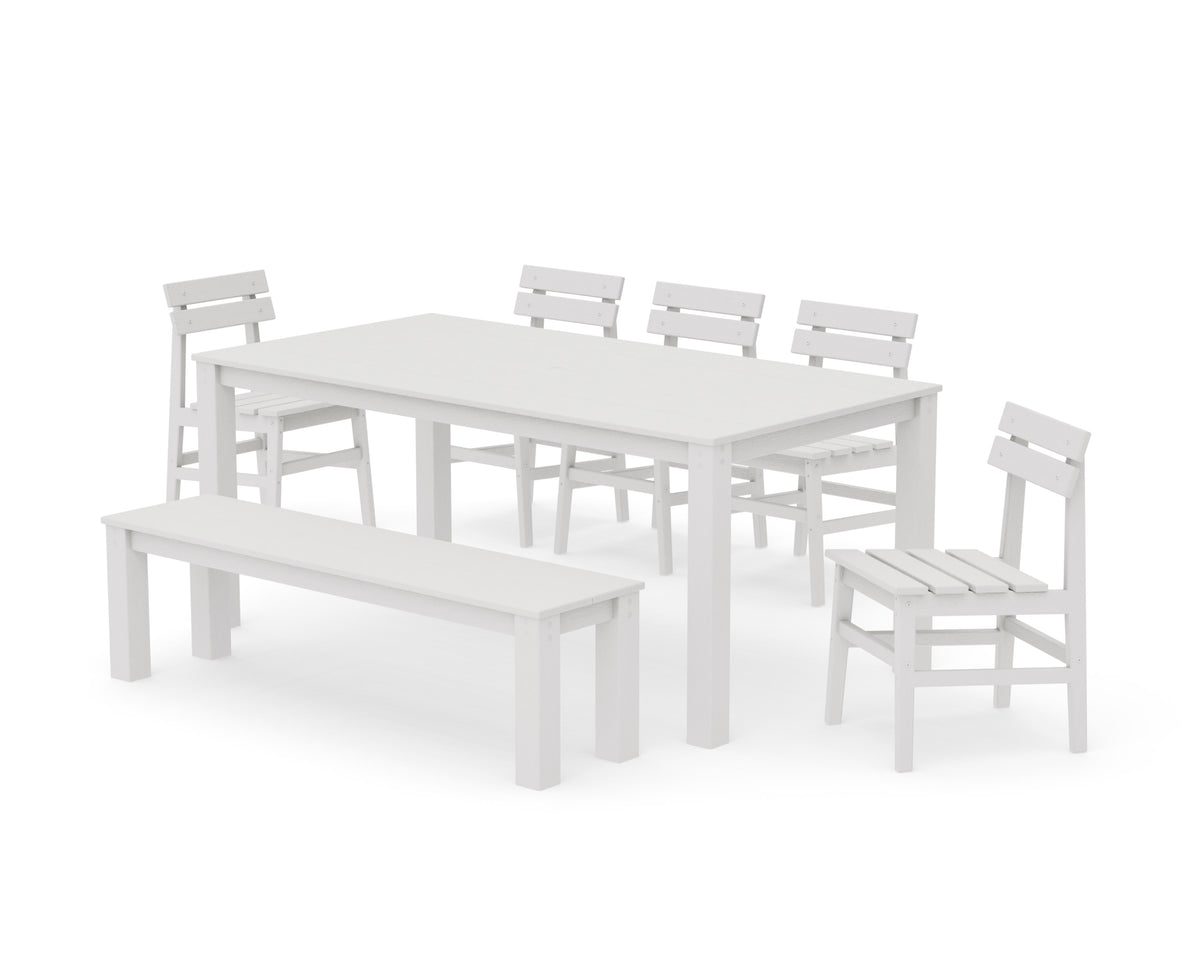 POLYWOOD Modern Studio Plaza Chair 7-Piece Parsons Dining Set with Bench in Vintage White