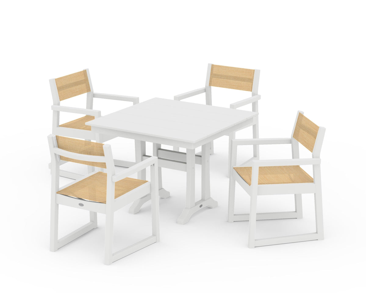 POLYWOOD EDGE Sling 5-Piece Farmhouse Dining Set with Trestle Legs in White / Dupioni Apricot