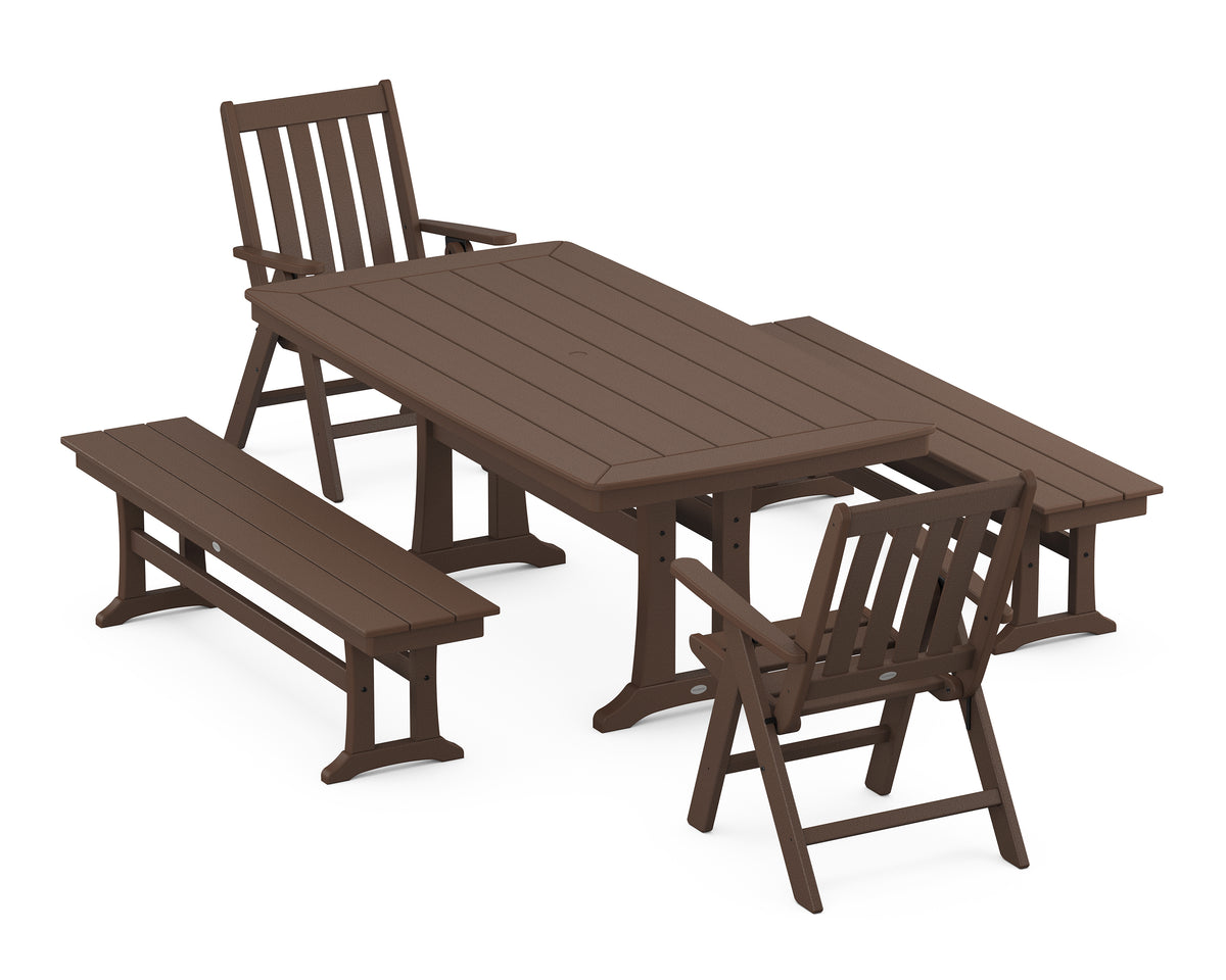 POLYWOOD Vineyard Folding Chair 5-Piece Dining Set with Trestle Legs and Benches in Mahogany