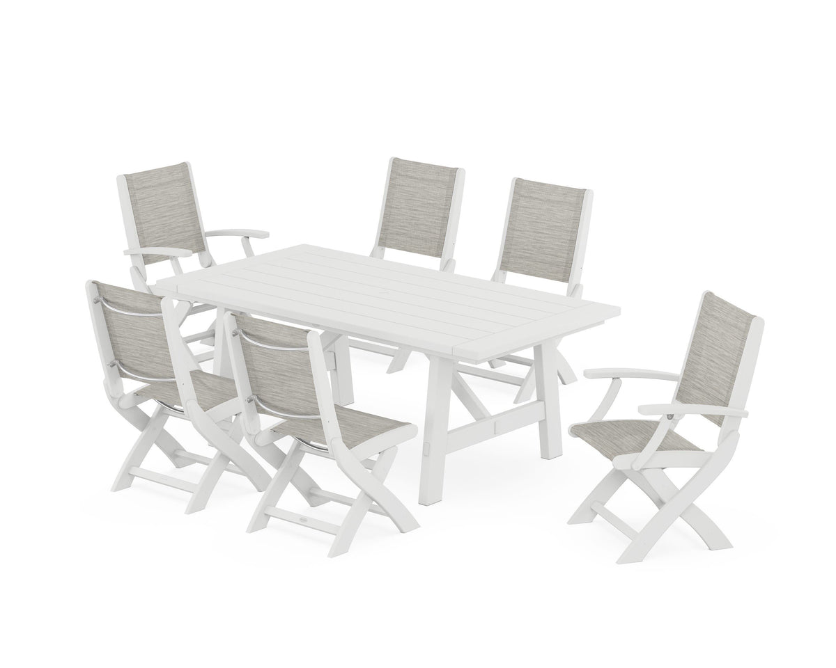 POLYWOOD Coastal Folding Chair 7-Piece Rustic Farmhouse Dining Set in White / Birch