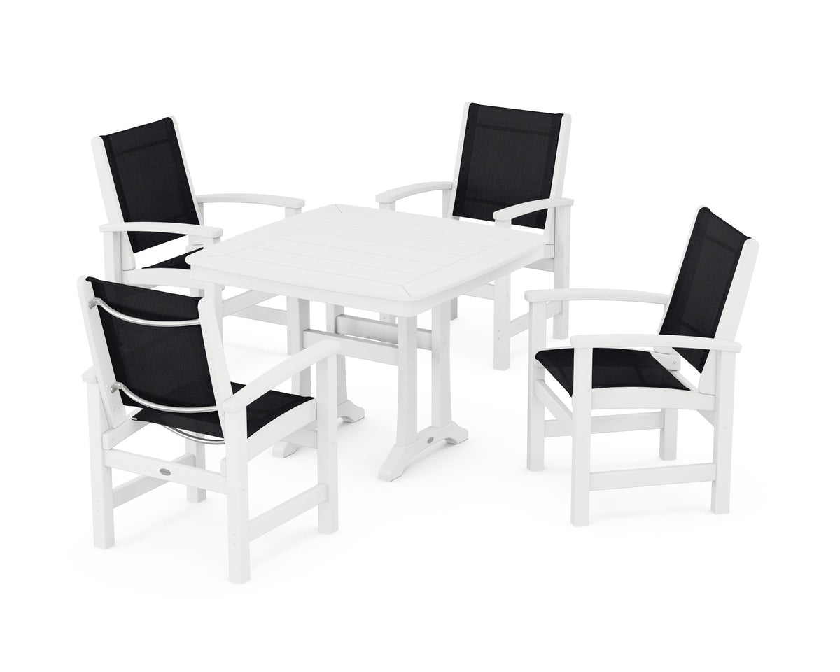 POLYWOOD Coastal 5-Piece Dining Set with Trestle Legs with Nautical Trestle 37" Dining Table in White / Black