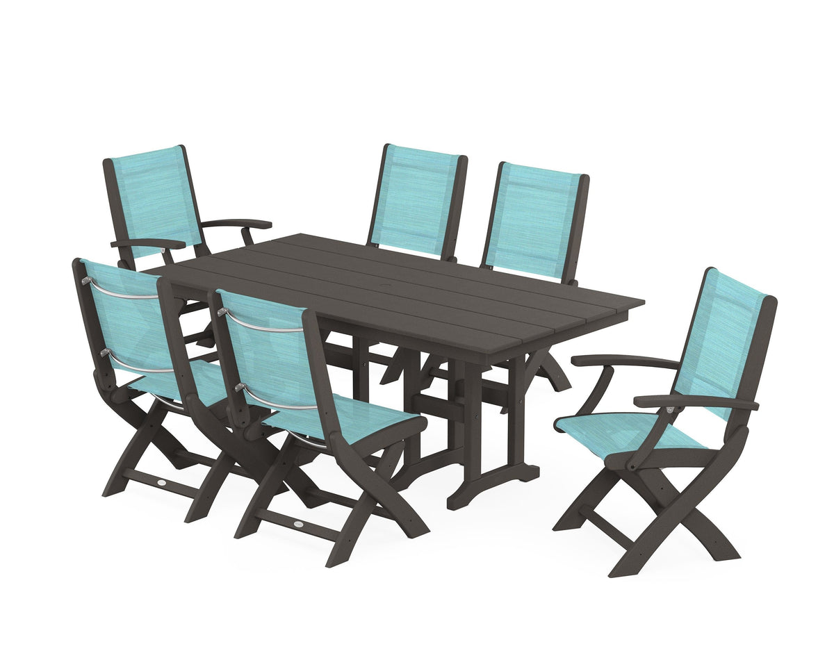 POLYWOOD Coastal Folding Chair 7-Piece Farmhouse Dining Set in Vintage Coffee / Dupioni Aquamarine