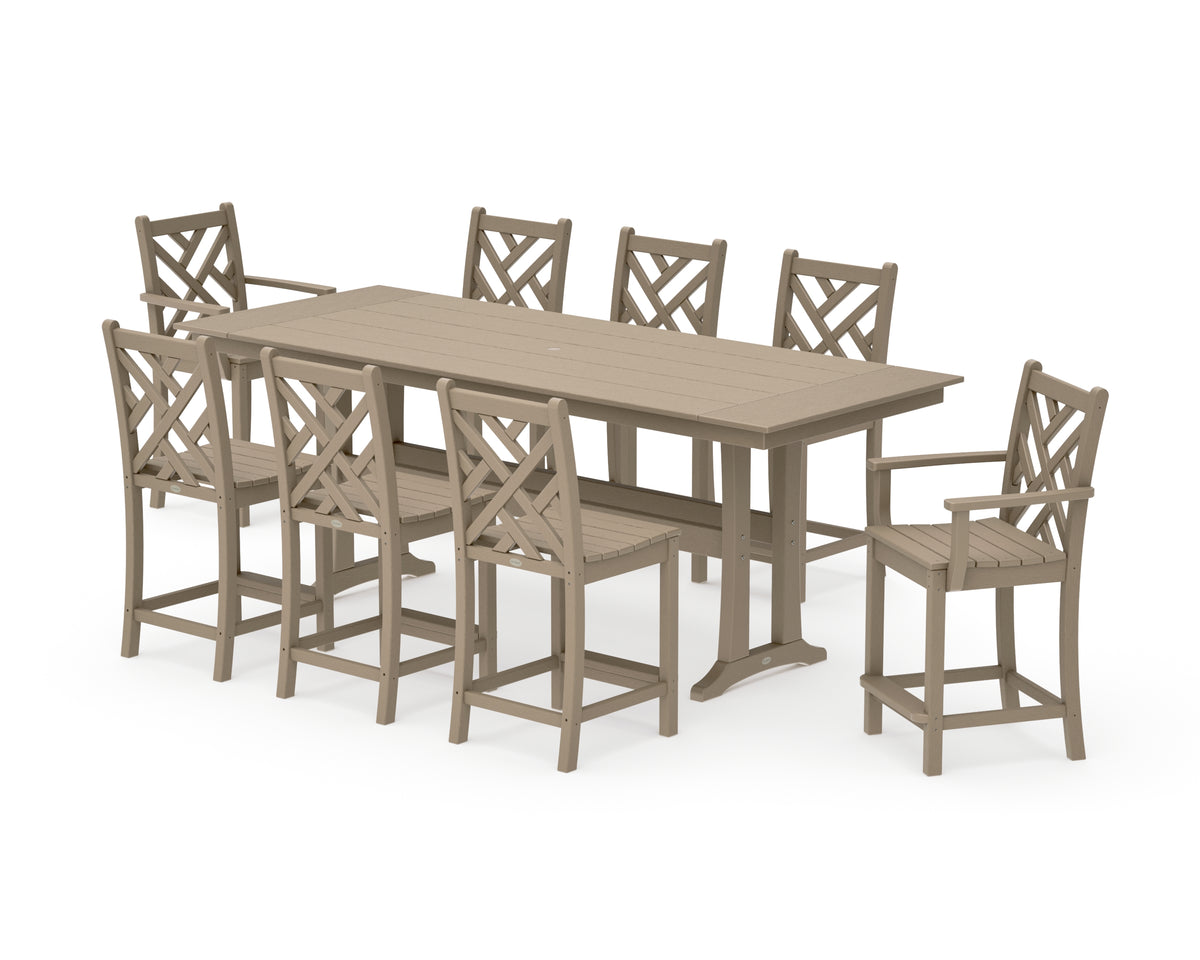 POLYWOOD Chippendale 9-Piece Farmhouse Counter Set with Trestle Legs in Vintage Sahara